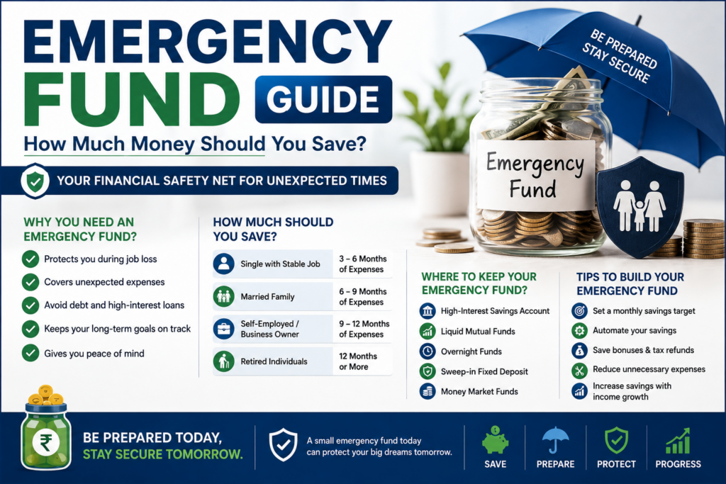 Emergency Fund Guide infographic explaining how much emergency savings you should have, where to keep it, and how to build a financial safety net.
