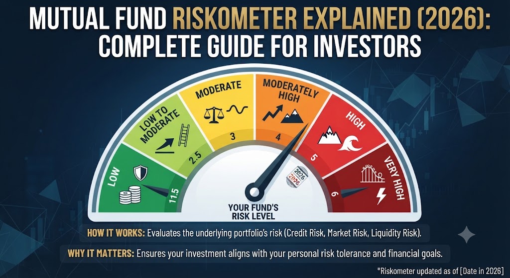 An infographic blog header titled "MUTUAL FUND RISKOMETER EXPLAINED (2026): COMPLETE GUIDE FOR INVESTORS," featuring a color-coded financial gauge ranging from Low to Very High risk.