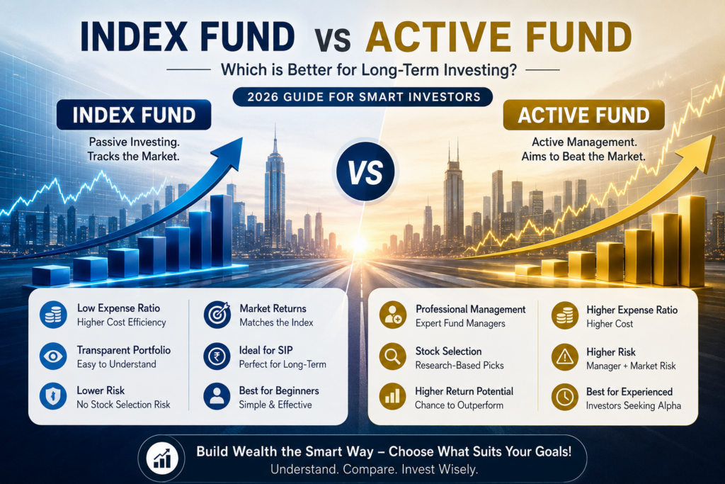Index Fund vs Active Fund comparison infographic showing passive investing vs active mutual fund investing for long-term wealth creation.