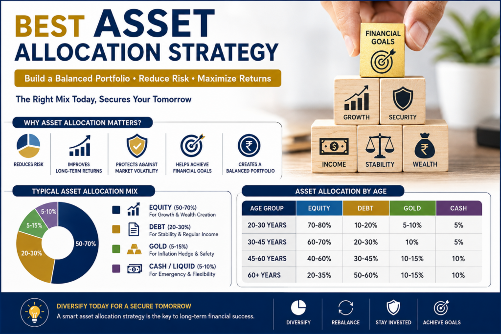 Best Asset Allocation Strategy infographic showing portfolio diversification across equity, debt, gold and cash for long-term wealth creation.