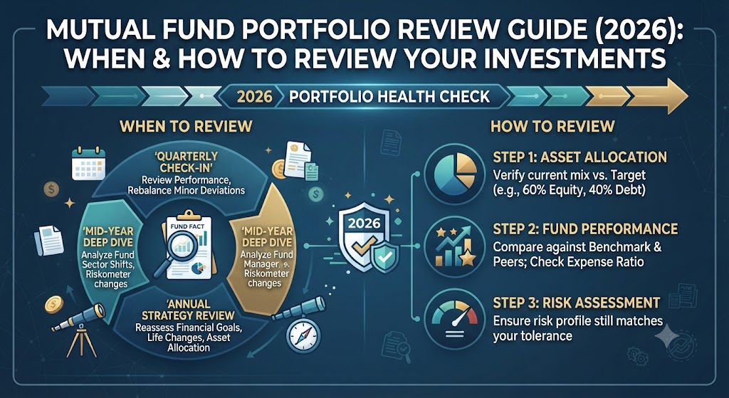 Infographic titled "2026 Mutual Fund Portfolio Review Guide," outlining when and how to assess investments.