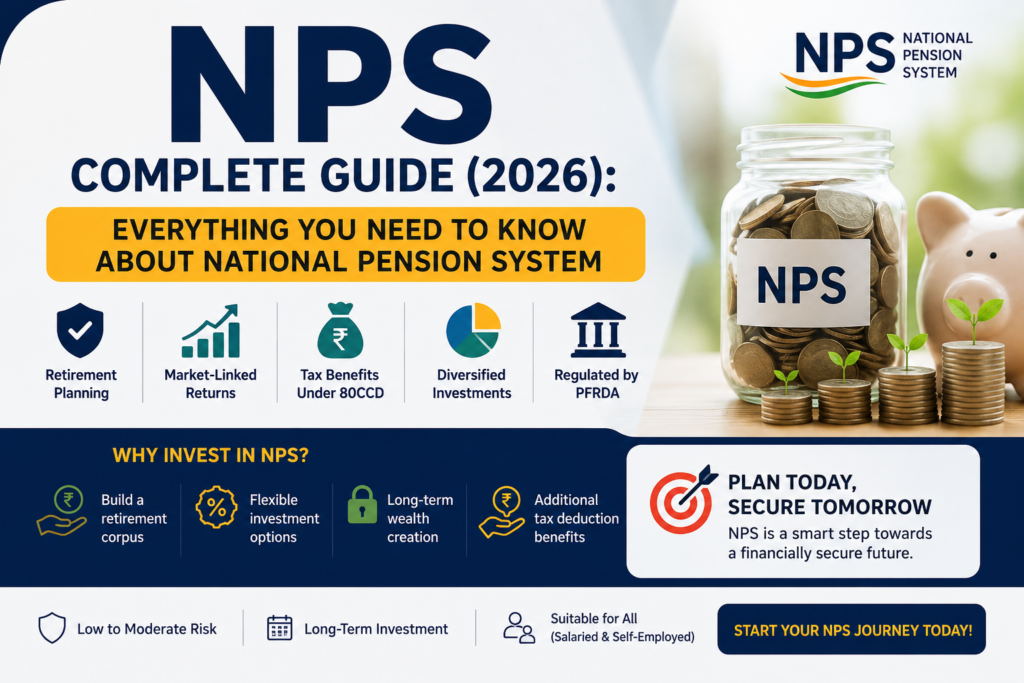 NPS Complete Guide (2026) featured image explaining the National Pension System (NPS), including retirement planning, pension corpus, tax benefits, market-linked investments, asset allocation, and long-term wealth creation.