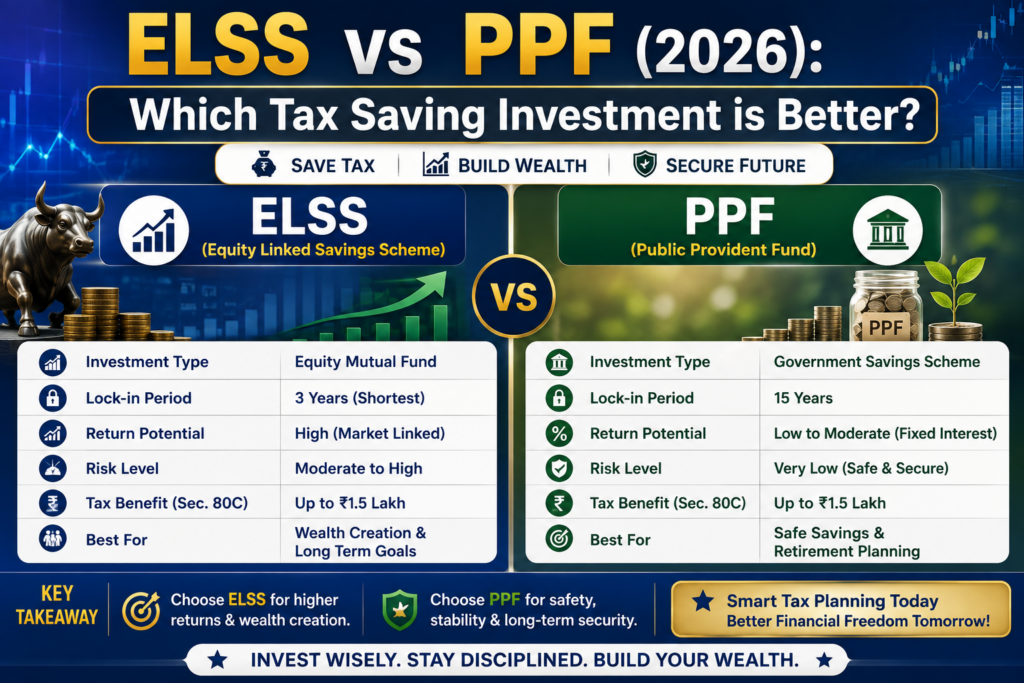 ELSS vs PPF (2026) comparison featured image showing the differences between Equity Linked Savings Scheme and Public Provident Fund, including tax benefits, lock-in period, risk, returns, and long-term investment planning.