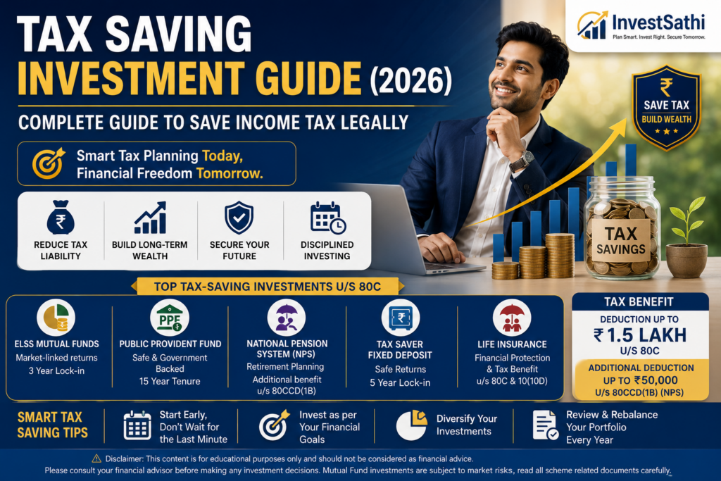 Tax Saving Investment Guide (2026) featured image showing legal tax-saving strategies in India through ELSS, PPF, NPS, life insurance, and financial planning with tax and wealth creation concepts.