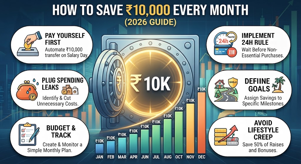 Infographic titled How to Save ₹10,000 Every Month featuring a central vault with a 10K sign, growth charts, and step icons for budgeting and saving.