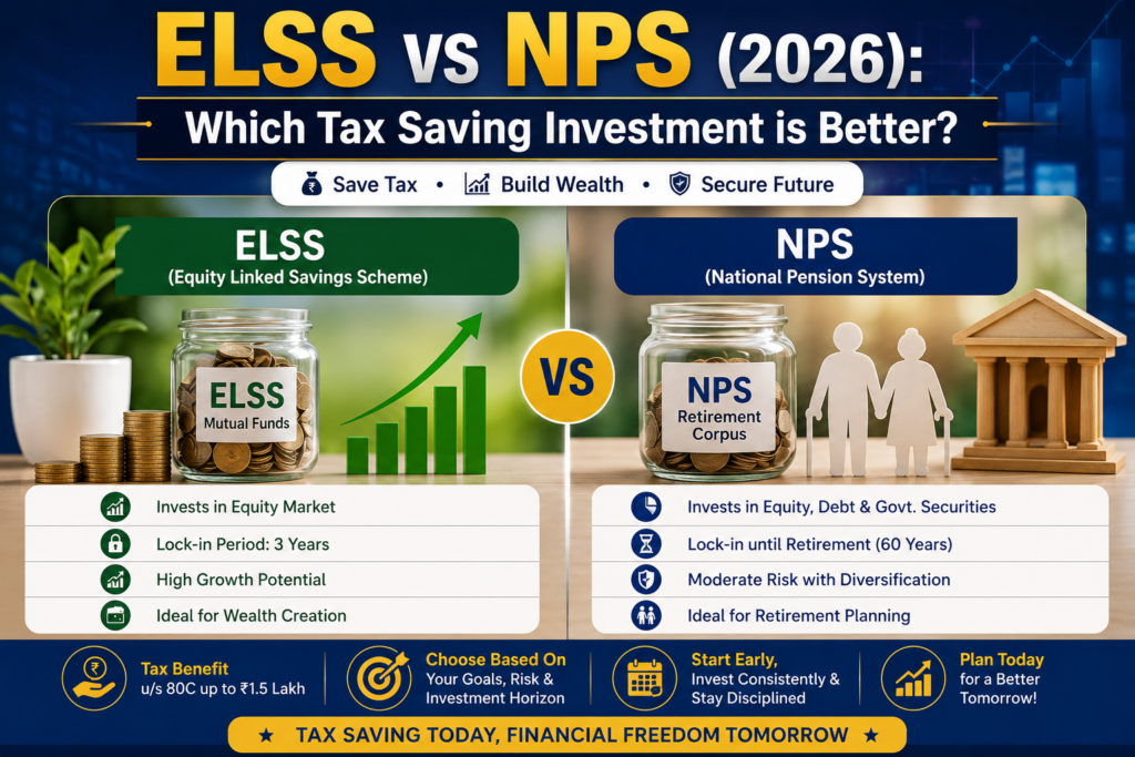 ELSS vs NPS (2026) comparison featured image showing the differences between Equity Linked Savings Scheme and National Pension System, including tax benefits, retirement planning, risk level, lock-in period, and long-term wealth creation.