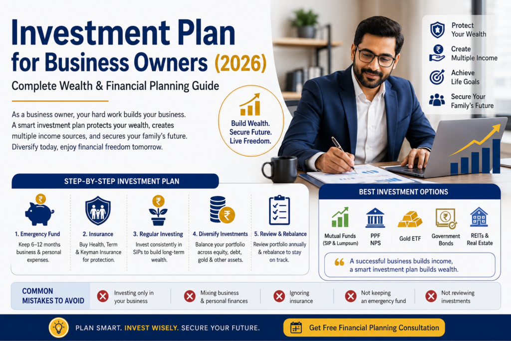 Investment Plan for Business Owners (2026) – Complete wealth and financial planning guide covering mutual funds, SIP, diversification, retirement planning, tax planning, and business wealth management in India.