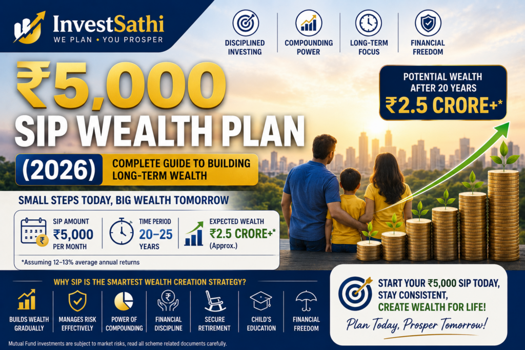₹5,000 SIP Wealth Plan 2026 guide showing mutual fund SIP, long-term investing, compounding, and wealth creation strategy by InvestSathi.