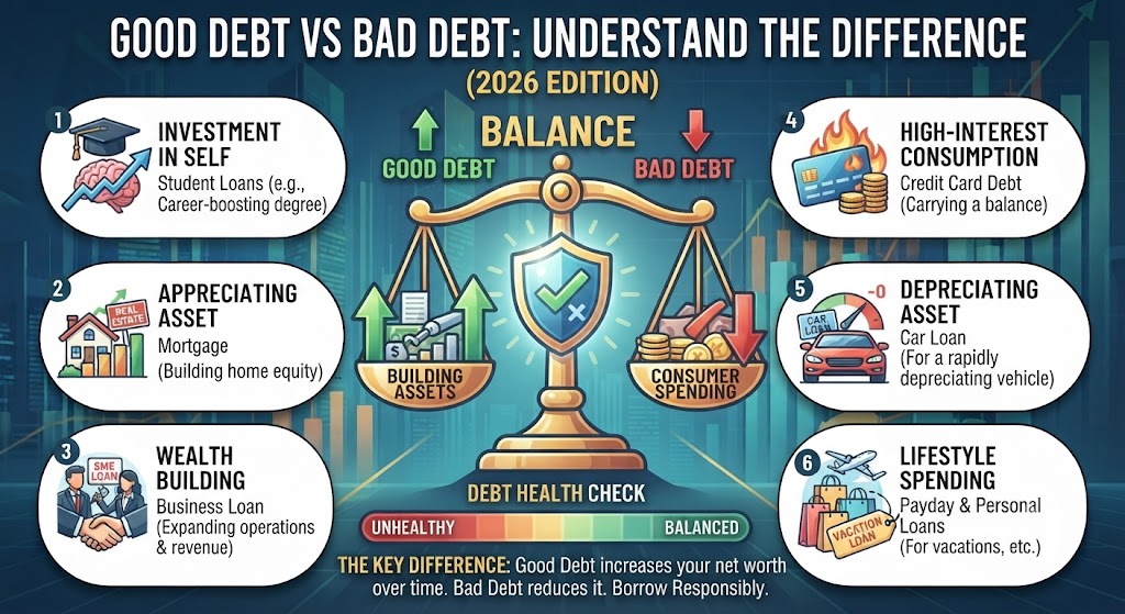 Infographic illustrating the differences between good and bad debt, featuring a central balance scale, building assets on the left, and consumer spending on the right, set against a financial cityscape background.