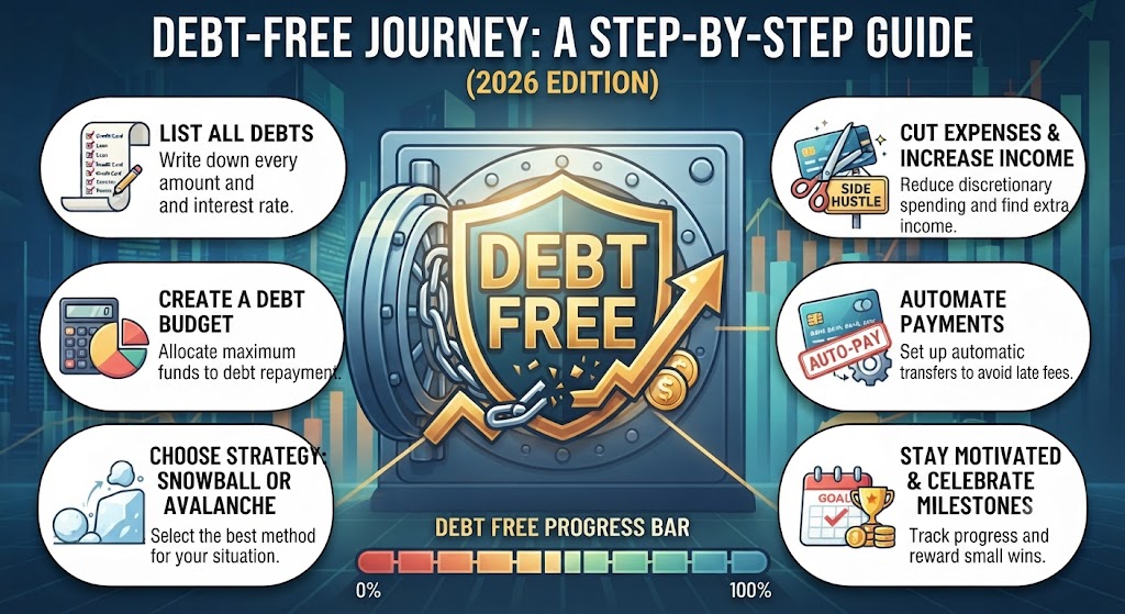 Infographic showing steps to calculate an emergency fund with a calculator icon, financial growth charts, and a vault background.