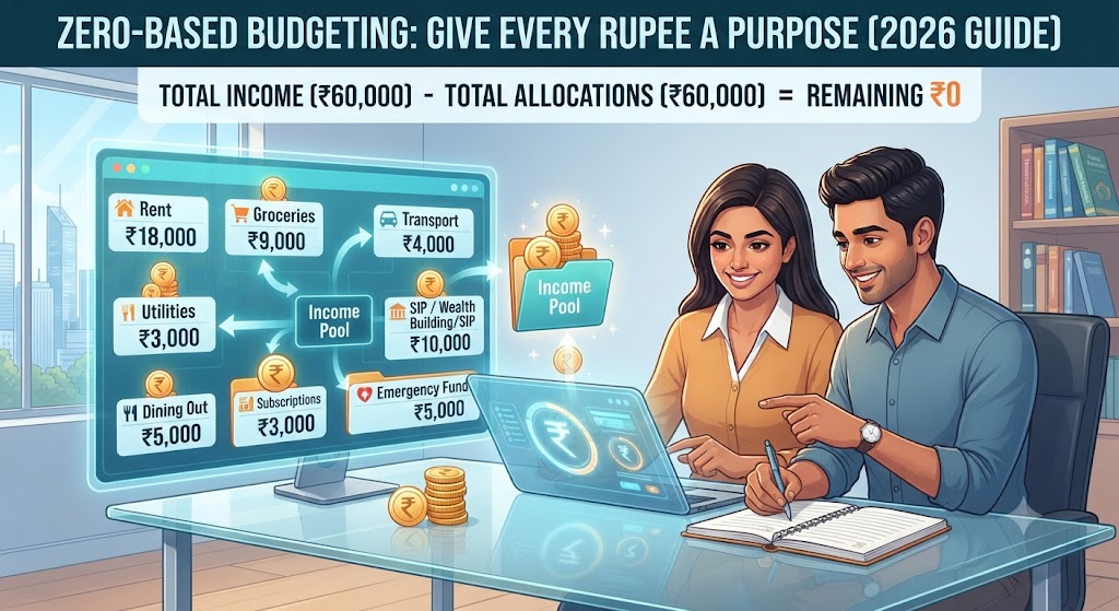 An illustration of a man and a woman sitting at a desk reviewing zero-based budgeting calculations on a laptop and a notebook, with a digital overlay showing income allocation categories and expenses.
