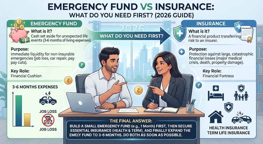 An infographic titled "Emergency Fund vs Insurance: What Do You Need First? (2026 Guide)" comparing the definitions, purposes, and roles of emergency funds versus insurance, with a man and woman discussing at a desk.