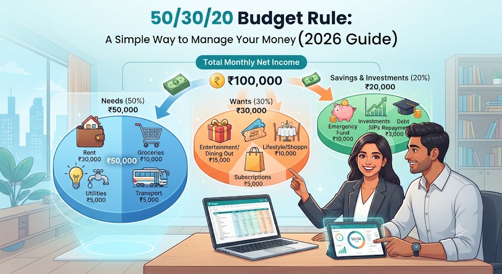 An infographic titled "50/30/20 Budget Rule: A Simple Way to Manage Your Money (2026 Guide)" depicting a flow of ₹100,000 into Needs (50%), Wants (30%), and Savings/Investments (20%) categories, with a man and woman using a laptop and tablet at a desk.