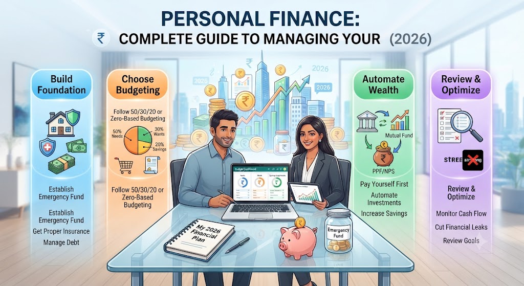 An infographic titled "Personal Finance: Complete Guide to Managing Your (2026)" showing financial pillars like building a foundation, budgeting, automating wealth, and reviewing goals, alongside a man and woman working at a desk.