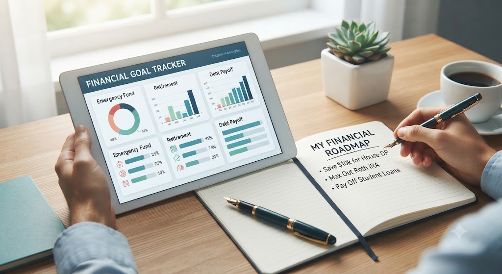 Person planning financial goals using a digital tablet dashboard and writing a financial roadmap in a notebook.