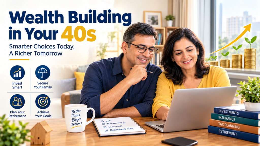 A motivational graphic focused on wealth building in your 40s, highlighting strategic investing, career peak earning years, and financial milestones.