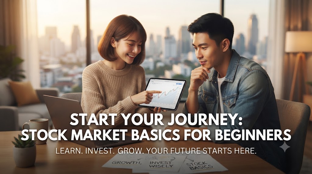 Stock Market Basics – Stock Market for Beginners, featuring a financial market chart, candlestick graph, Indian rupee symbol, and beginner-friendly investing concept.