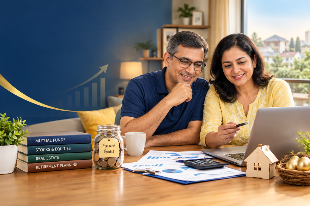 An empowering graphic about wealth building in your 50s, highlighting financial growth, investments, and retirement preparation.