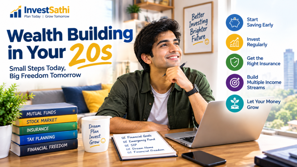 A vibrant graphic about wealth building in your 20s, highlighting early investing, compound interest, and laying a strong financial foundation.