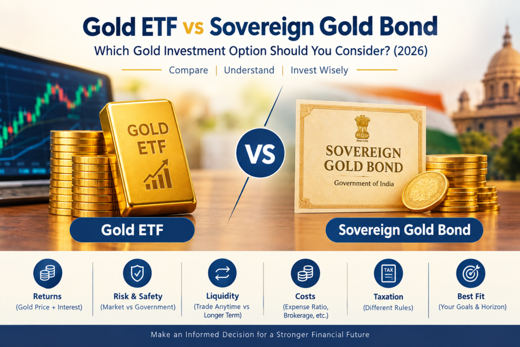Gold ETF vs Sovereign Gold Bond comparison showing key differences in liquidity, costs, taxation, risk and investment suitability