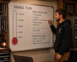 Parents planning their child education fund, reviewing savings, and calculating college expenses with a notebook and calculator.